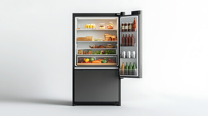 Poster - Side view of an open fridge with food and drinks against a white background