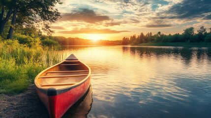 Poster - relaxing view of a canoe in the water of a beautiful lake, shoreline at sunset, no one, wooden boat 