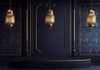 Poster - Simple vector dark blue background with Islamic patterns and lanterns hanging on the wall, empty podium for product display presentation in Ramadan Kareem celebration,