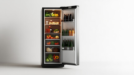 Poster - Side view of an open fridge with food and drinks against a white background
