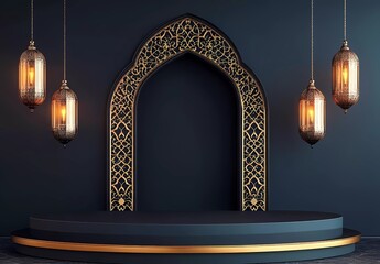 Poster - Simple vector dark blue background with Islamic patterns and lanterns hanging on the wall, empty podium for product display presentation in Ramadan Kareem celebration,