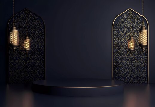Simple vector dark blue background with Islamic patterns and lanterns hanging on the wall, empty podium for product display presentation in Ramadan Kareem celebration,