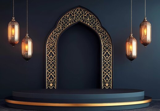 Simple vector dark blue background with Islamic patterns and lanterns hanging on the wall, empty podium for product display presentation in Ramadan Kareem celebration,