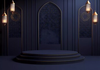 Poster - Simple vector dark blue background with golden Islamic patterns and lanterns hanging on the wall, podium for product display presentation.