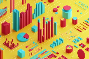 Poster - Abstract 3D Geometric Shapes Representing Data and Charts on a Yellow Background