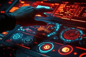 Aufkleber - A Hand Interacting with a Futuristic Interface Displaying Data and Graphs