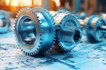 Poster - Metallic Gears and Blueprint for Industrial Design
