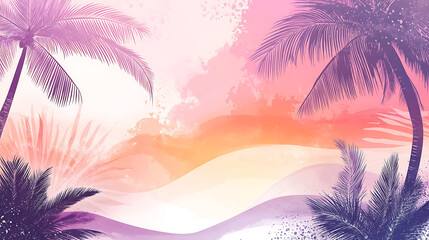 Poster - Abstract banner background with palm trees, sunset and sun rays, pink purple orange and white colors