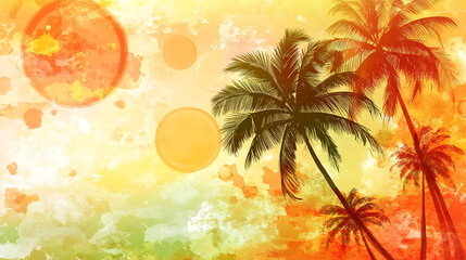 Poster - Abstract summer background with palm trees, sun and orange color