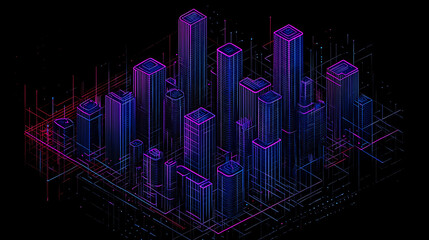 Leinwandbilder - A purple and blue background with hexagon shapes and neon lines