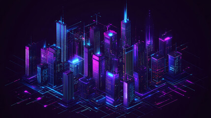 Leinwandbilder - A purple and blue background with hexagon shapes and neon lines