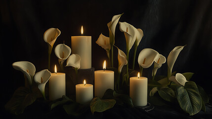 Poster - Burning candles and elegant calla lilies on black funeral concept still life digital art