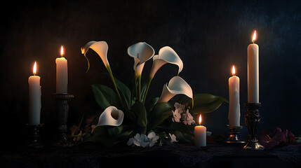 Poster - Burning candles and elegant calla lilies on black funeral concept still life digital art