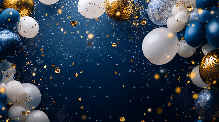 Poster - Celebration background with balloons, confetti and stars in navy blue and white colors with golden elements