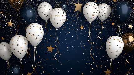 Aufkleber - Celebration background with balloons, confetti and stars in navy blue and white colors with golden elements