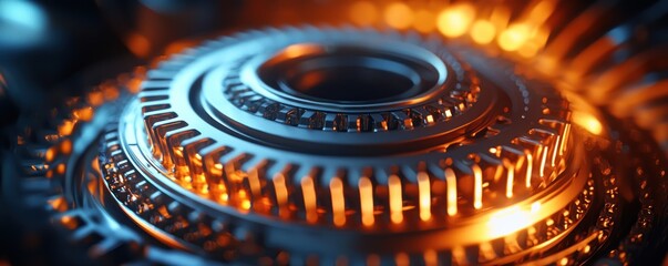 Poster - Close-up of a Shiny Metallic Gear System with Orange Glow