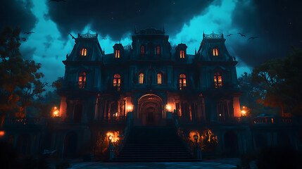 Aufkleber - Creepy haunted vampire mansion at night spooky gothic horror house 3d illustration