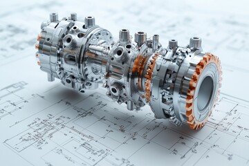 Poster - Chrome and Copper Gear Mechanism on a Technical Blueprint