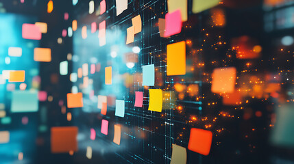 Poster - Digital brainstorming session virtual postit notes on smart board blurred background