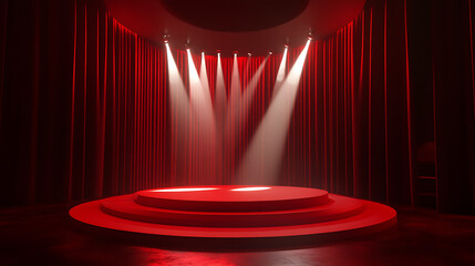 Fototapete - Elegant red stage with podium and spotlights for award ceremony 3d illustration