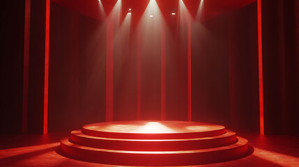 Fototapete - Elegant red stage with podium and spotlights for award ceremony 3d illustration
