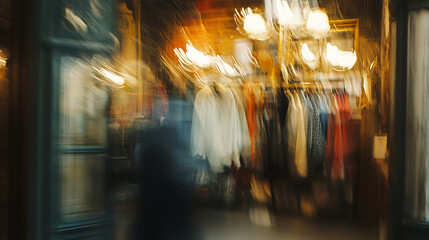 Poster - Elegant secondhand clothing shop interior blurred background abstract photo