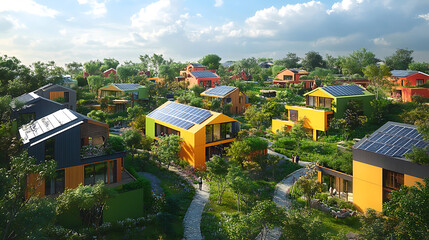 Poster - Ecofriendly neighborhood with beautiful houses and solar panels sustainable living concept image
