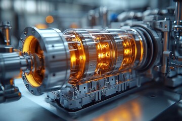 Poster - Close-up of a Metallic Machine with Glowing Orange Components