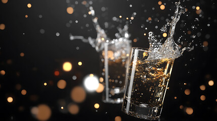 Poster - Elegant tequila shot glasses toasting with dramatic splash on sleek black background 3d illustration