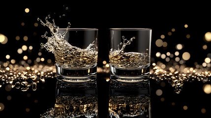 Poster - Elegant tequila shot glasses toasting with dramatic splash on sleek black background 3d illustration