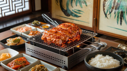 Wall Mural - A table with a variety of Asian food, including meat and rice, is being cooked on a grill