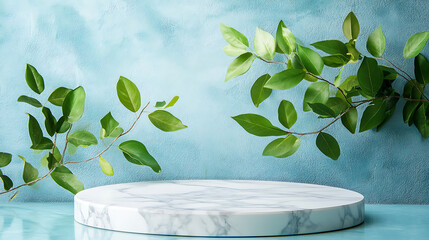 Aufkleber - Elegant marble podium display with fresh green leaves light blue background for ecofriendly product presentation flat lay