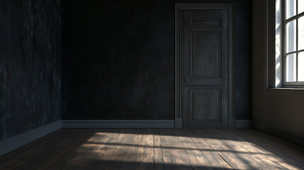 Poster - Empty room with dark wall and wooden floor
