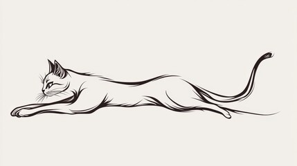 Wall Mural - minimalist line art of a cat stretching with elegant, flowing lines on a clean white background