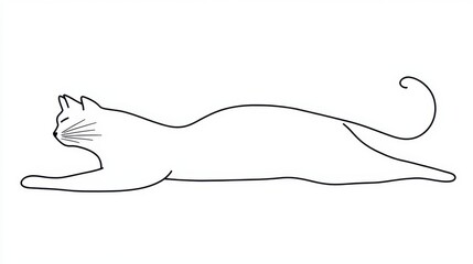 Wall Mural - minimalist line art of a cat stretching with elegant, flowing lines on a clean white background