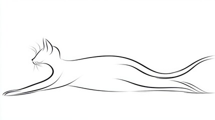 Wall Mural - minimalist line art of a cat stretching with elegant, flowing lines on a clean white background