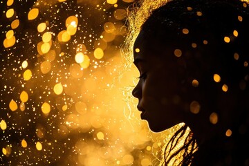 Aufkleber - A Silhouette of a Girl Against a Bokeh Background of Warm Golden Lights