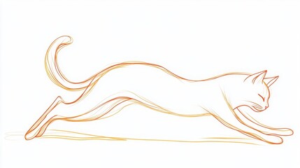 Wall Mural - minimalist line art of a cat stretching with elegant, flowing lines on a clean white background