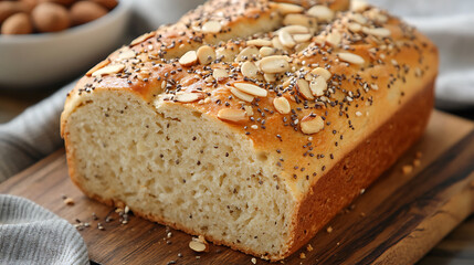 Poster - Freshly baked keto bread with almonds hazelnuts sunflower and chia seeds healthy food