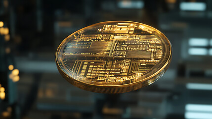 Poster - Futuristic gold coin with circuit board pattern floating in cyberspace 3d render