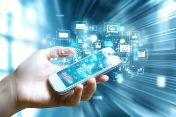 Poster - Hand Holding Smartphone with Holographic Digital App Icons