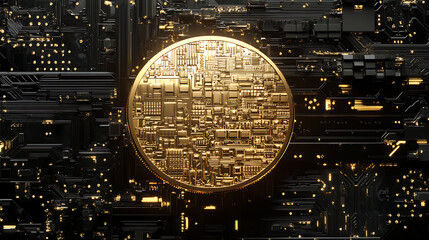 Poster - Futuristic gold coin with circuit board pattern floating in cyberspace 3d render