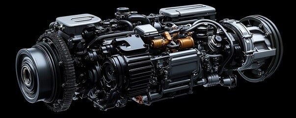 Poster - Close-up of a Black Engine with Shiny Components