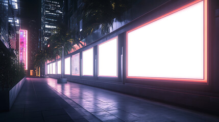 Poster - Futuristic row of illuminated empty billboards on modern city building facade at night 3d rendering