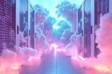 Poster - Server Racks in a Cloud-Like Environment with Pink and Blue Lighting