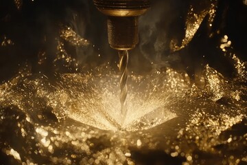 Poster - Close-up of a Drill Bit Cutting through Metal with Sparks Flying