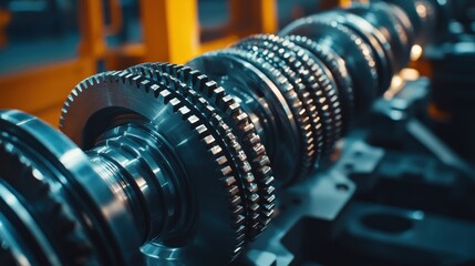 Poster - Close-up of Shiny Metallic Gears and Cogs in a Factory