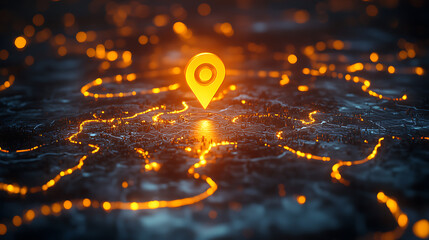 Poster - Glowing location pin on an interactive map with multiple trails, representing the concept of route hideout and tracking in real time, with an orange glow and blurred background
