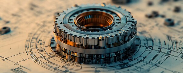 Poster - Closeup of a Shiny Metal Gear Mechanism on a Blueprint