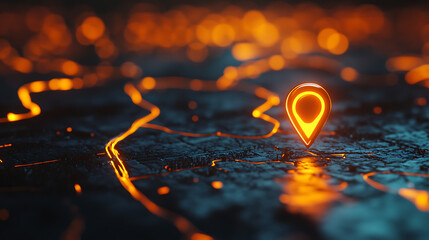 Leinwandbilder - Glowing location pin on an interactive map with multiple trails, representing the concept of route hideout and tracking in real time, with an orange glow and blurred background
